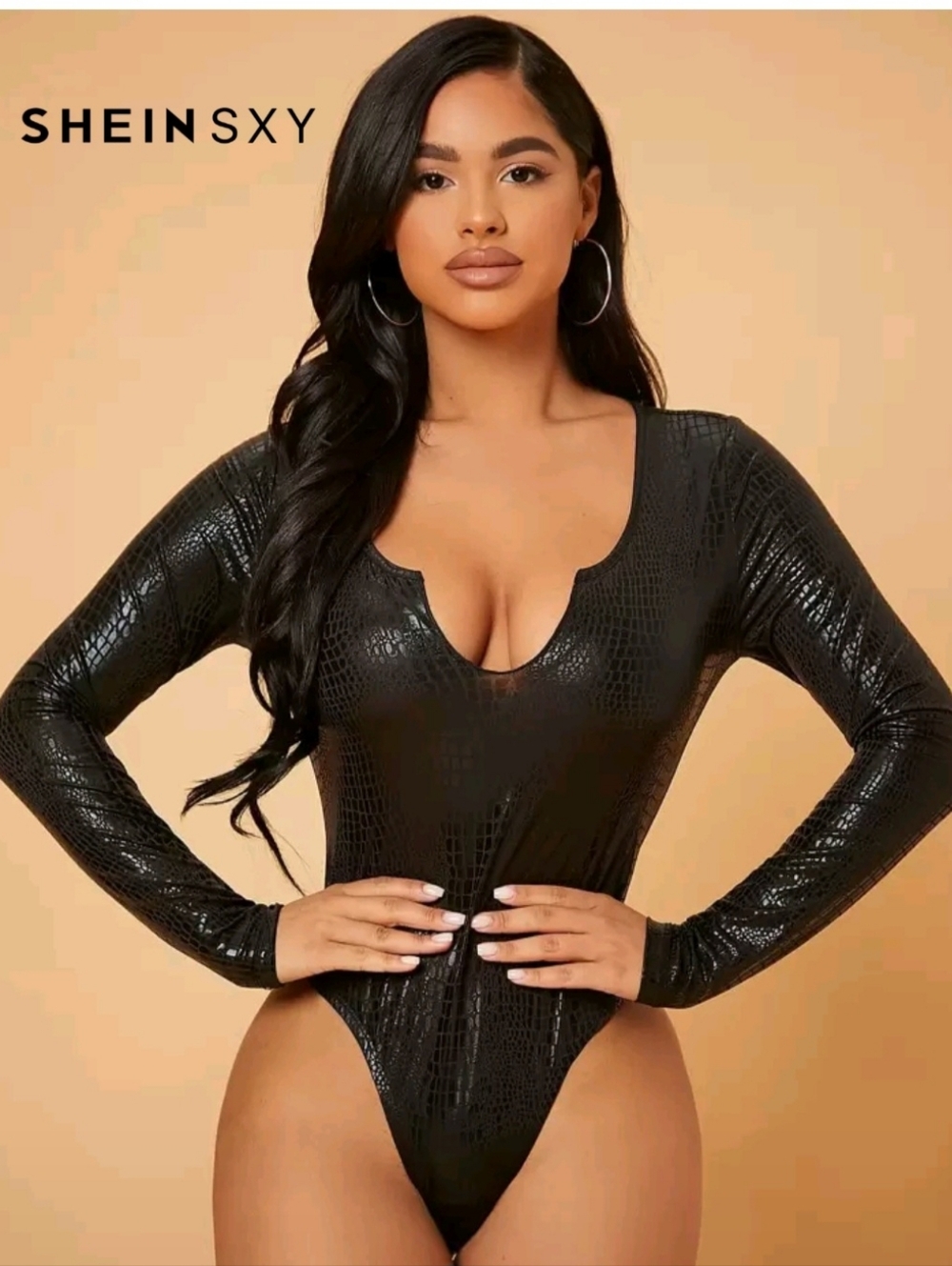SHEIN Black Snakeskin V-Neck Long Sleeve Bodysuit